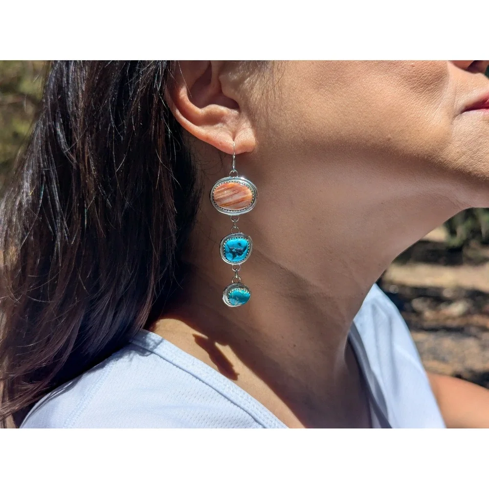 Navajo 3 Stones Drop Dangle Earrings Sterling Silver Handmade Turq‎ Jewelry **